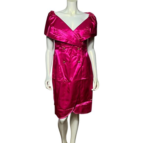 Vintage Tadashi Hot Pink Satin Cocktail Dress Off-Shoulder Gold Buttons Size 10 - Picture 1 of 8